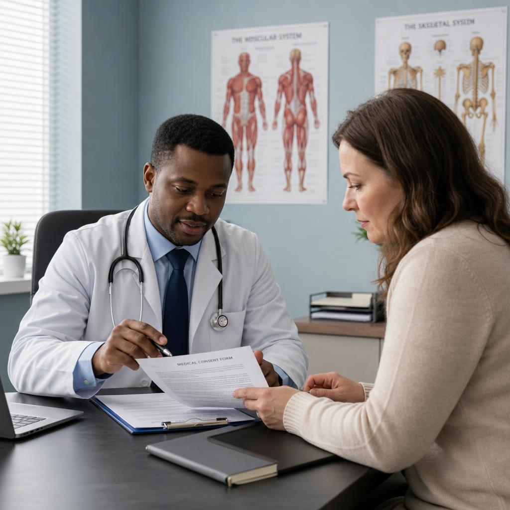 Doctor and patient reviewing consent documents for gynecologic surgery informed consent expert witness