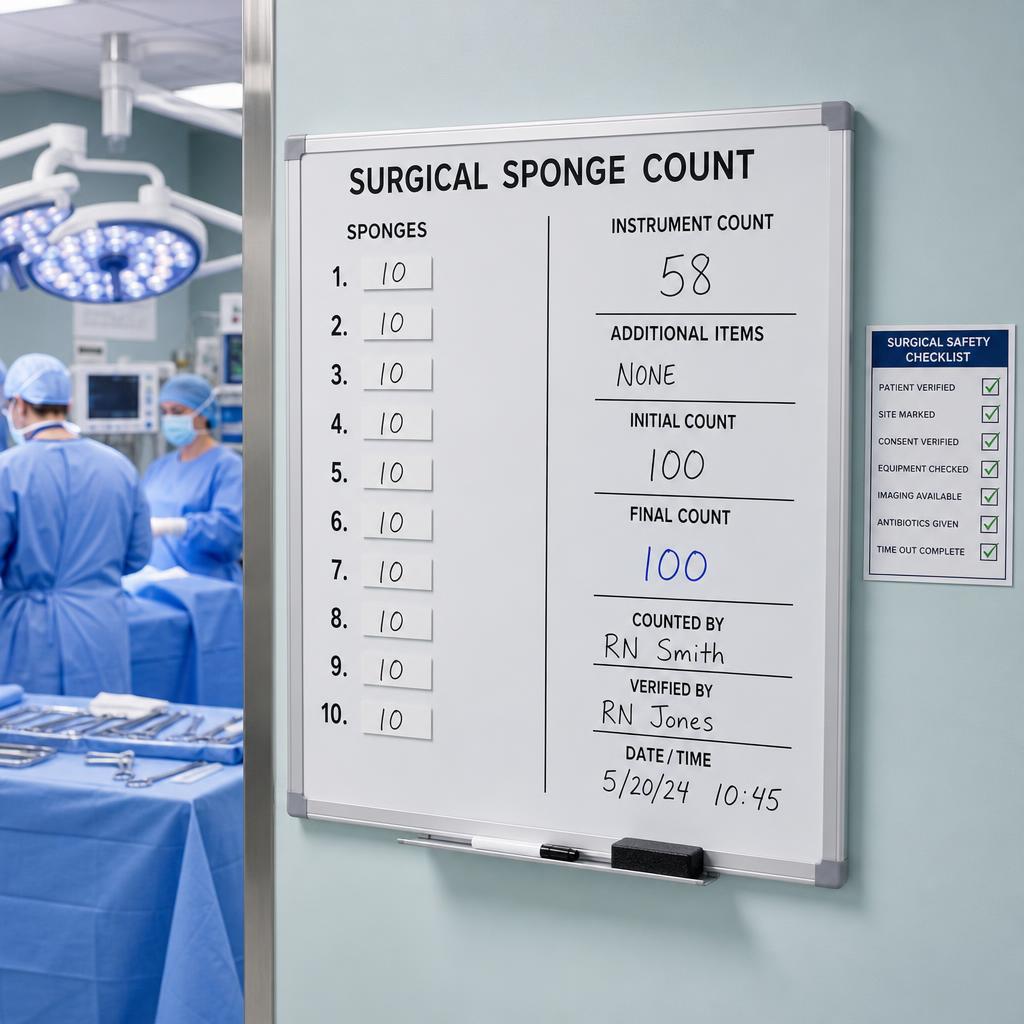 Surgical sponge counting board for retained surgical item gynecology expert witness